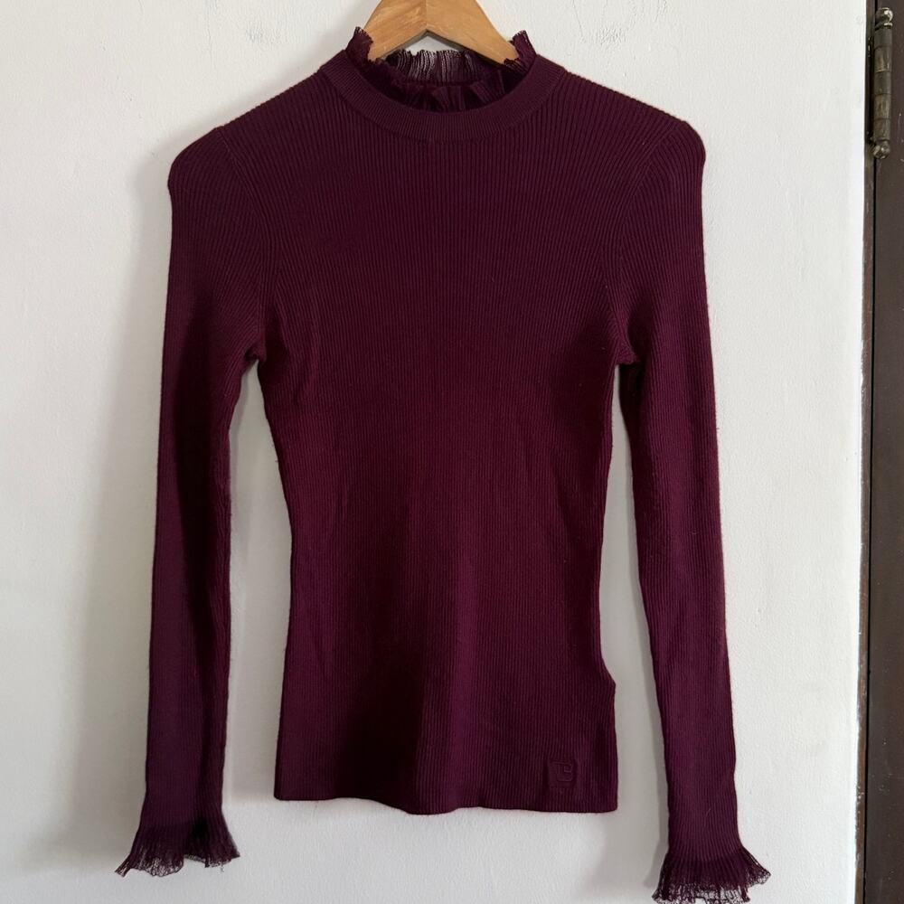 TED BAKER Burgundy Slim Fit Rib Knit Ruffle Neck and Cuff Sweater Size 2 Medium